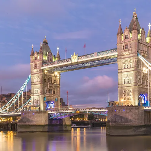 Study abroad in UK - London Tower Bridge at night by the River Thames