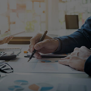Business professional reviewing financial charts and reports at a desk