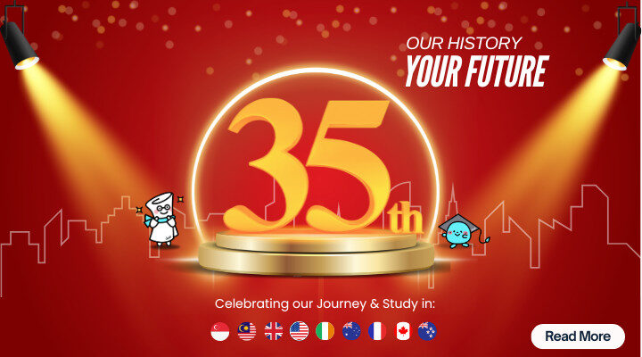 Dadi Education 35th anniversary celebration banner with golden 35th emblem and red spotlight background.