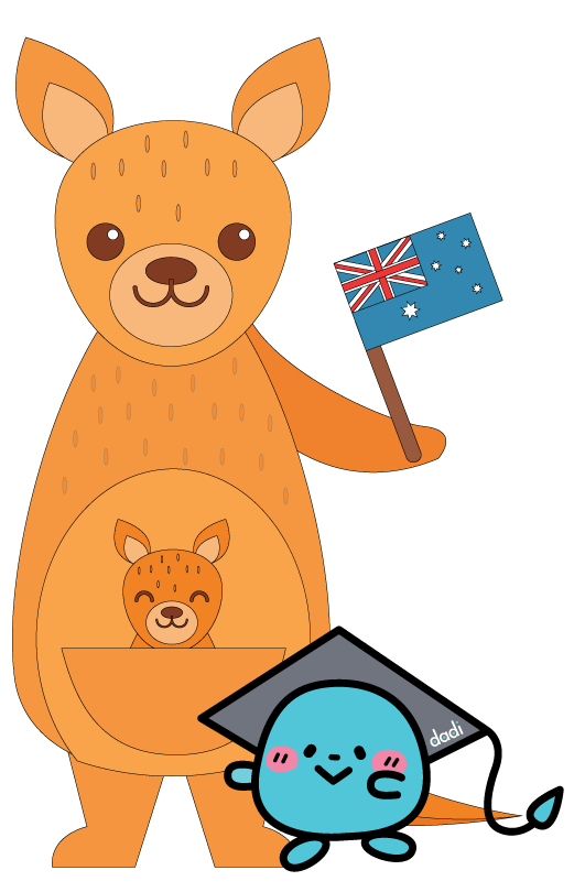 Dadi Education mascot Didi with a kangaroo holding the Australia flag for Study in Australia