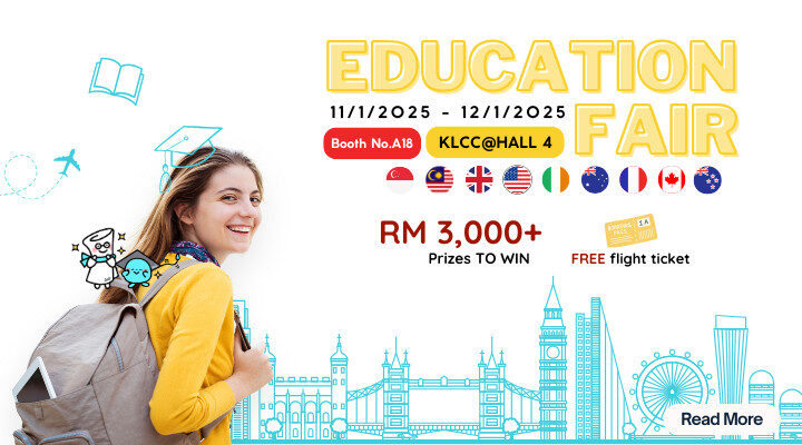 Education Fair 2025 banner featuring international student, country flags, event dates, KLCC Hall 4 details, and RM3000 prizes.