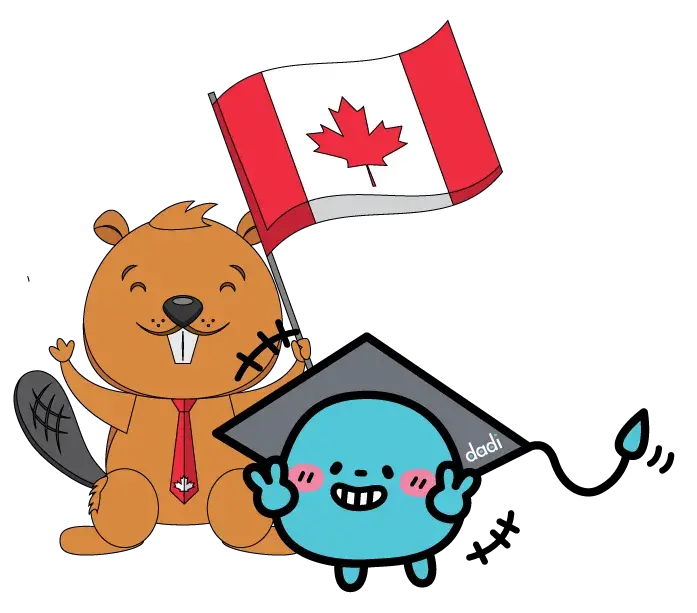 Dadi Education mascot with a beaver holding the Canadian flag promoting study abroad in Canada