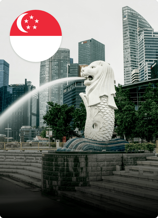 Singapore Merlion statue with city skyline and Singapore flag icon, representing study in Singapore.